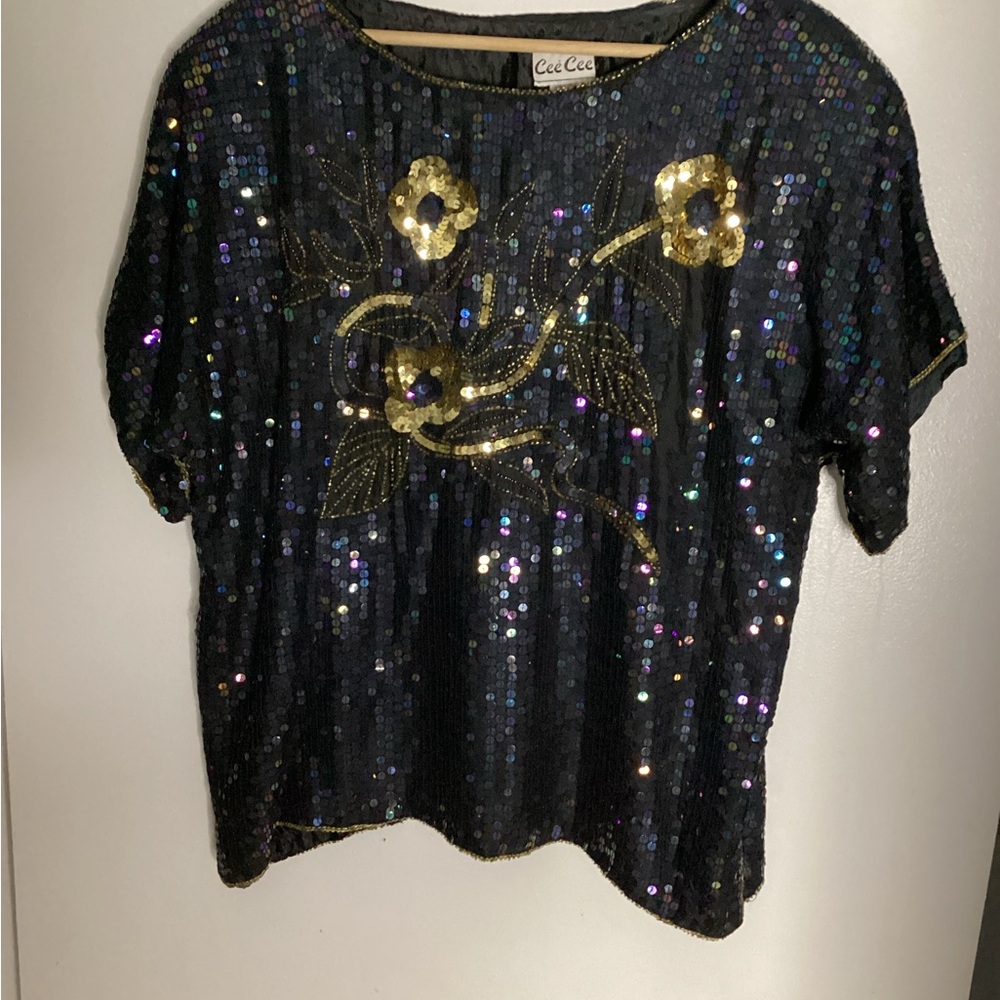 Vintage Cee Cee Black and Gold Sequin Floral Blouse 20